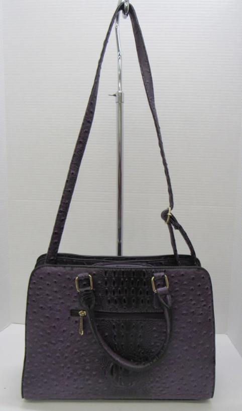 Deep purple ostrich and croc-embossed structured satchel with rolled handles and gold-tone hardware, view 7