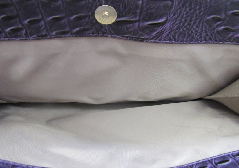 Deep purple ostrich and croc-embossed structured satchel with rolled handles and gold-tone hardware, view 5