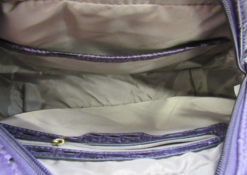 Deep purple ostrich and croc-embossed structured satchel with rolled handles and gold-tone hardware, view 3