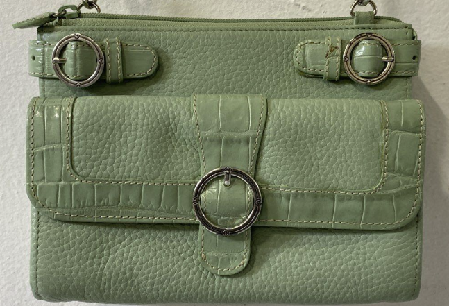 Brighton mint green croc-embossed leather organizer crossbody with floral lining, view 5