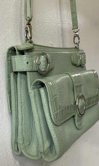 Brighton mint green croc-embossed leather organizer crossbody with floral lining, view 4