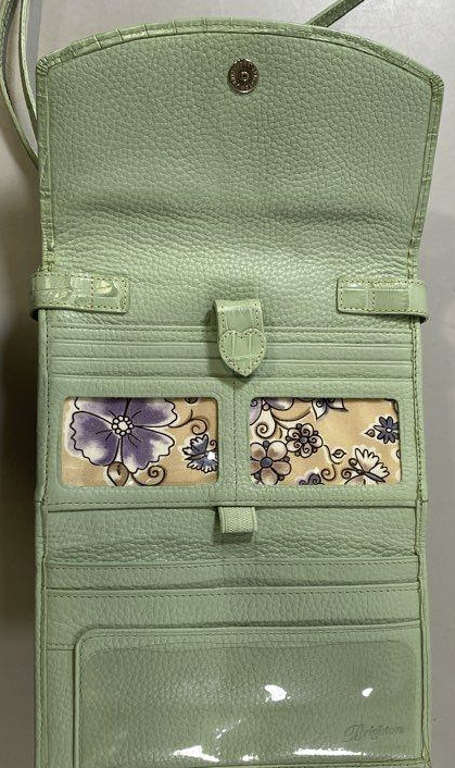 Brighton mint green croc-embossed leather organizer crossbody with floral lining, view 9