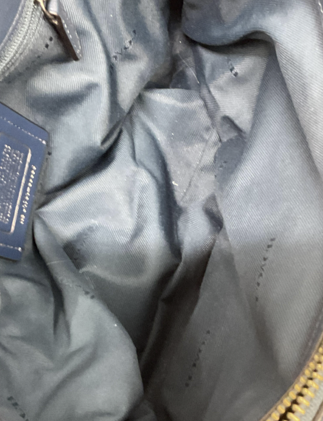 Coach slate blue pebbled leather satchel with turn-lock and crossbody strap, view 7