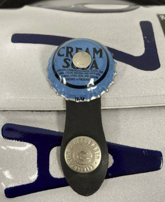 New York license plate novelty barrel handbag with bottle cap clasp and chrome-tone ends, view 2