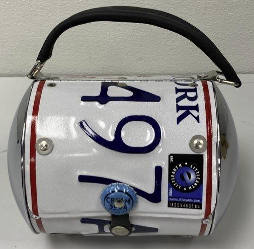 New York license plate novelty barrel handbag with bottle cap clasp and chrome-tone ends, view 5