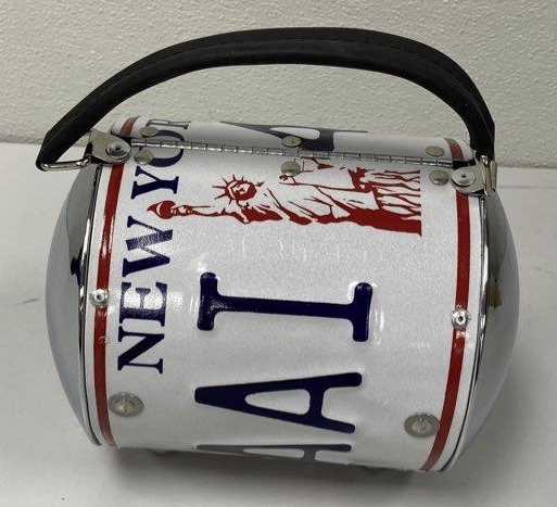 New York license plate novelty barrel handbag with bottle cap clasp and chrome-tone ends, view 4