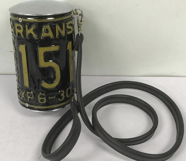 Arkansas license plate novelty barrel crossbody bag in black and yellow with bottle cap clasp, view 6