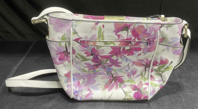 White crossbody bag with pink, lavender and green watercolor floral print, view 5