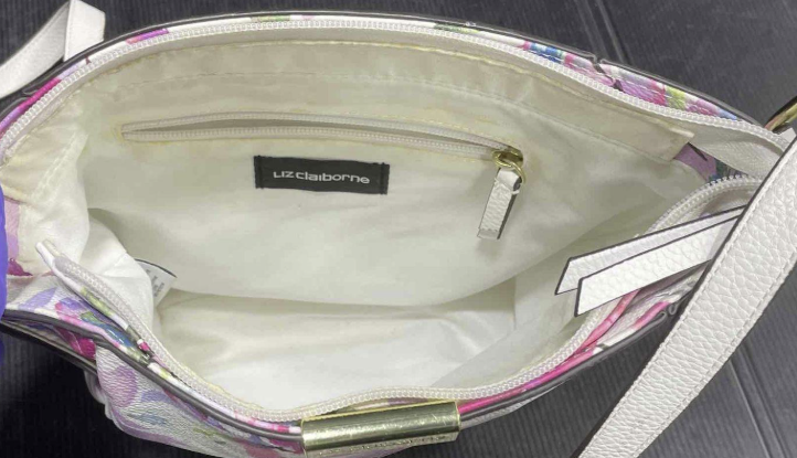 White crossbody bag with pink, lavender and green watercolor floral print, view 3