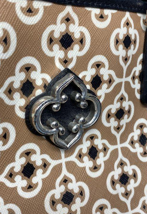 Brighton Brown Patterned Coated Canvas Top Zip Tote Bag with Black Braided Straps