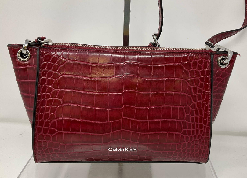 Calvin Klein burgundy croc embossed faux leather crossbody satchel, view 2