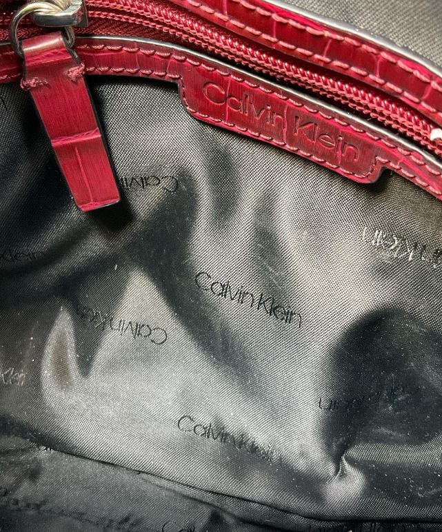 Calvin Klein burgundy croc embossed faux leather crossbody satchel, view 5