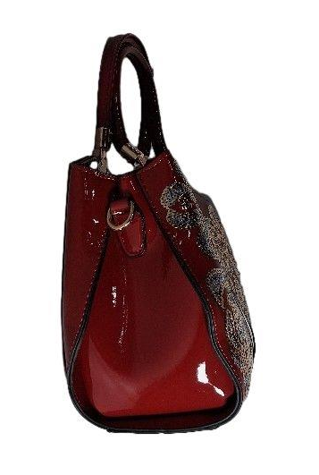 Pianne Red Patent Shoulder Bag with Floral Embellished Side Panels