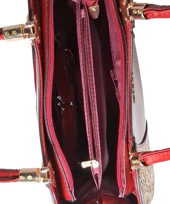 Pianne red patent shoulder bag with floral embellished side panels, view 5