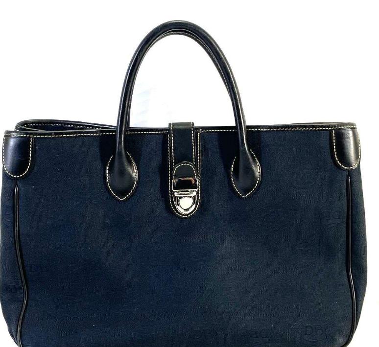 Dooney & Bourke Navy Monogram Canvas Satchel Tote with Leather Trim