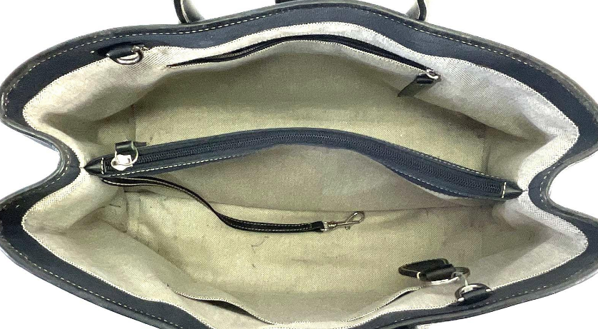 Navy tonal monogram canvas satchel tote with leather trim and rolled handles, view 7