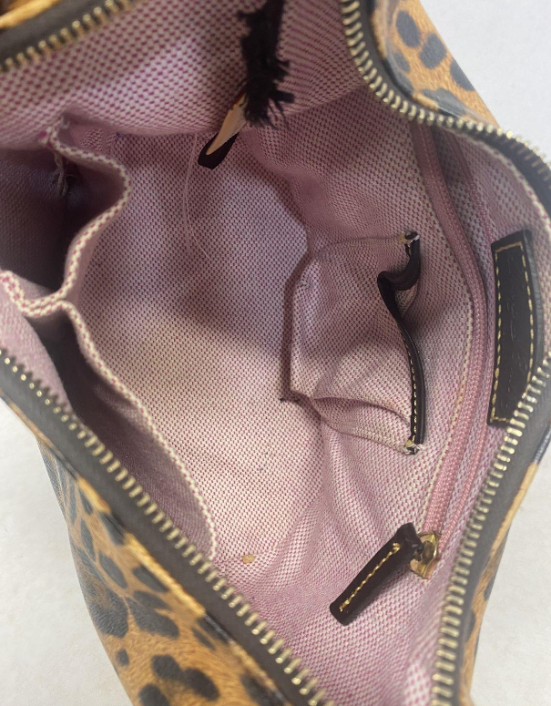 Dooney and Bourke leopard-style animal print coated cotton hobo with black leather trim, view 3