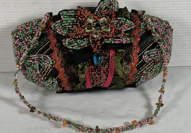 Multicolor floral beaded clutch with dimensional flower top, blue oval stone accent and beaded strap, view 2