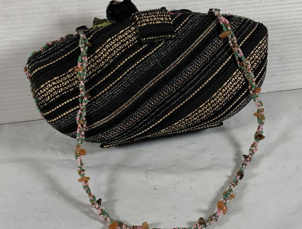 Multicolor floral beaded clutch with dimensional flower top, blue oval stone accent and beaded strap, view 3