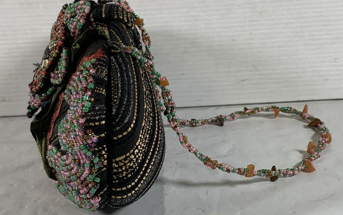 Multicolor floral beaded clutch with dimensional flower top, blue oval stone accent and beaded strap, view 4