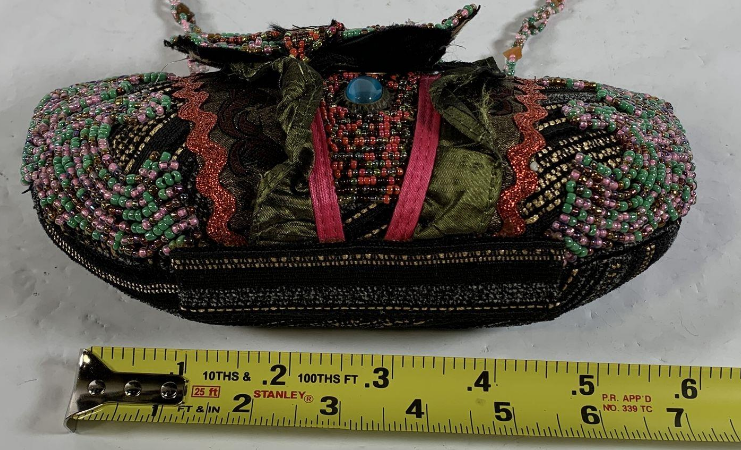Multicolor floral beaded clutch with dimensional flower top, blue oval stone accent and beaded strap, view 8