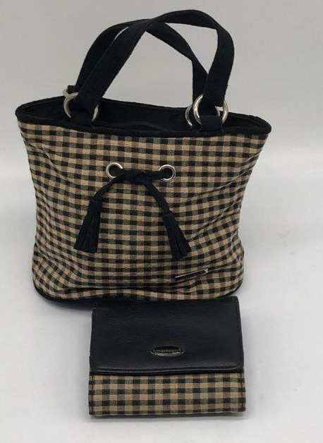 Longaberger Black and Brown Check Mini Bucket Purse with Matching Wallet Set
