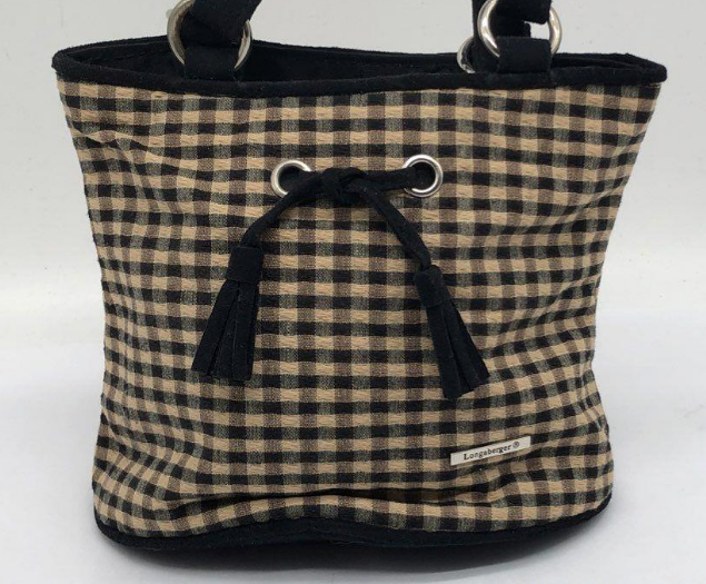 Kate Spade green striped canvas tote with brown leather handles, view 6