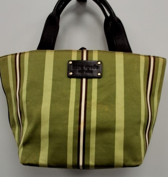 Kate Spade green striped canvas tote with brown leather handles, view 11