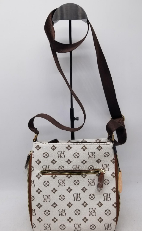 CM White Monogram Crossbody Bag with Bee Accent and Stripe Detail