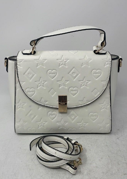 White embossed faux leather crossbody clutch with heart and star motifs and detachable strap, view 5