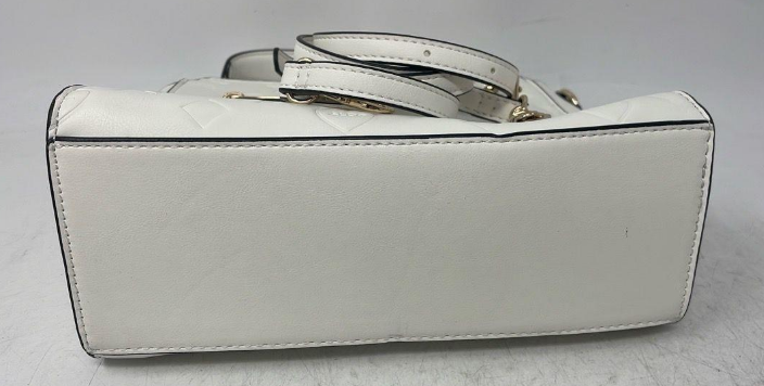 White embossed faux leather crossbody clutch with heart and star motifs and detachable strap, view 2