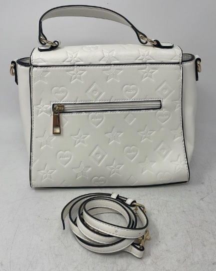 White embossed faux leather crossbody clutch with heart and star motifs and detachable strap, view 3