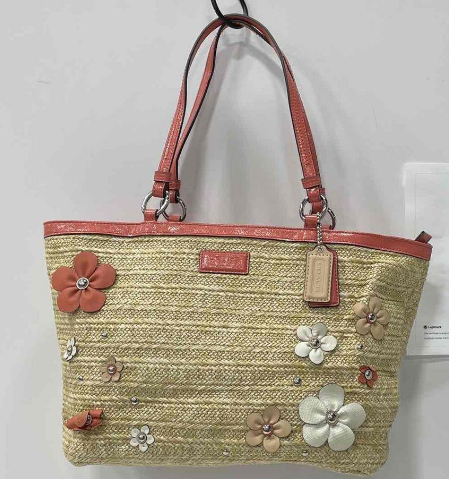 Coach Straw Floral Tote Bag with Coral Leather Trim and Appliqué Flowers