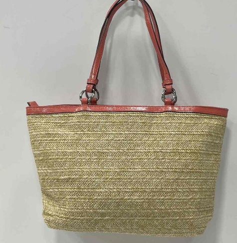 Woven straw tote with coral leather trim and dimensional floral appliqués, view 2
