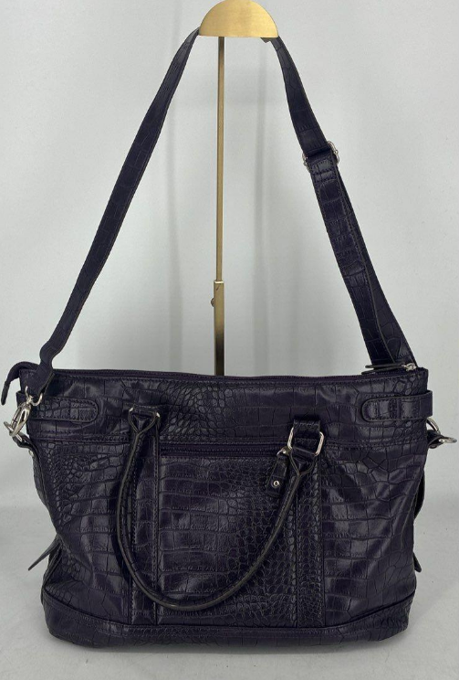 Bueno deep purple croc embossed tote with rolled handles and shoulder strap, view 2