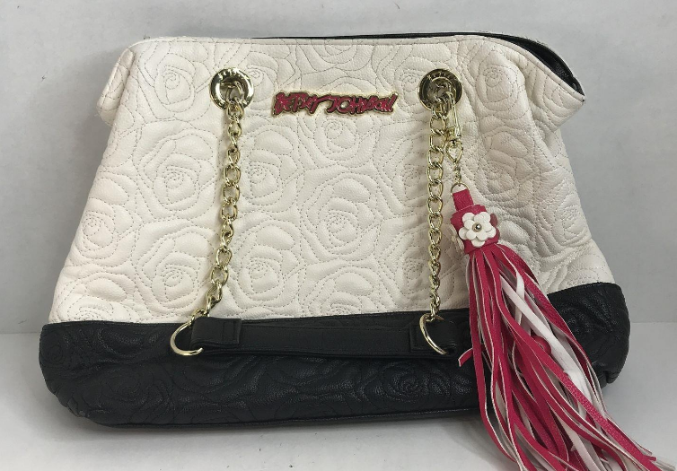 Betsey Johnson white quilted rose shoulder bag with pink tassel, view 2