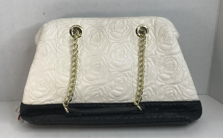 Betsey Johnson white quilted rose shoulder bag with pink tassel, view 7