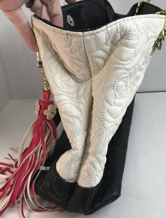 Betsey Johnson white quilted rose shoulder bag with pink tassel, view 3