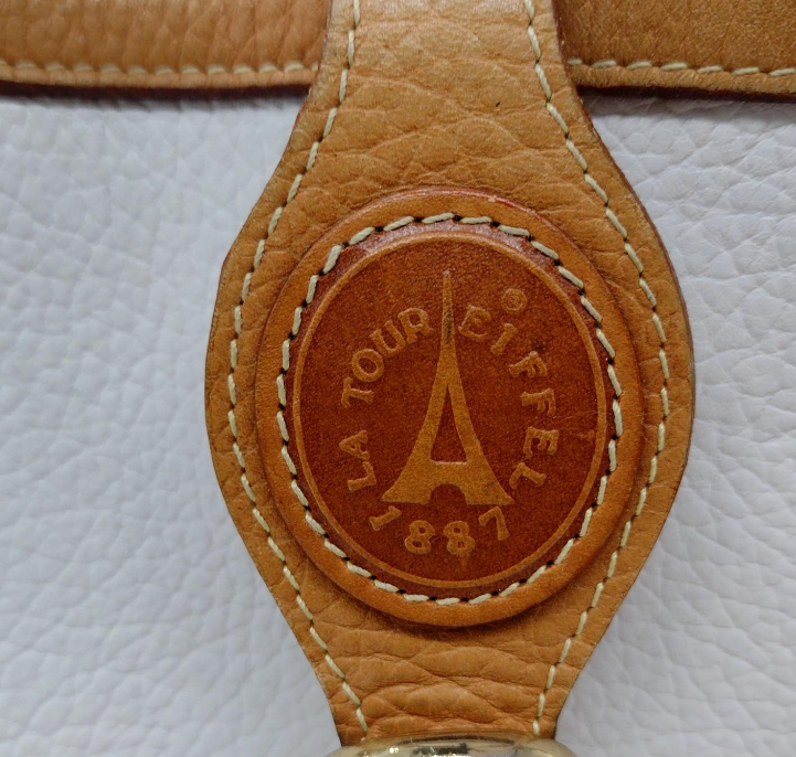 La Tour Eiffel white leather shoulder bag with tan trim and buckle, view 4
