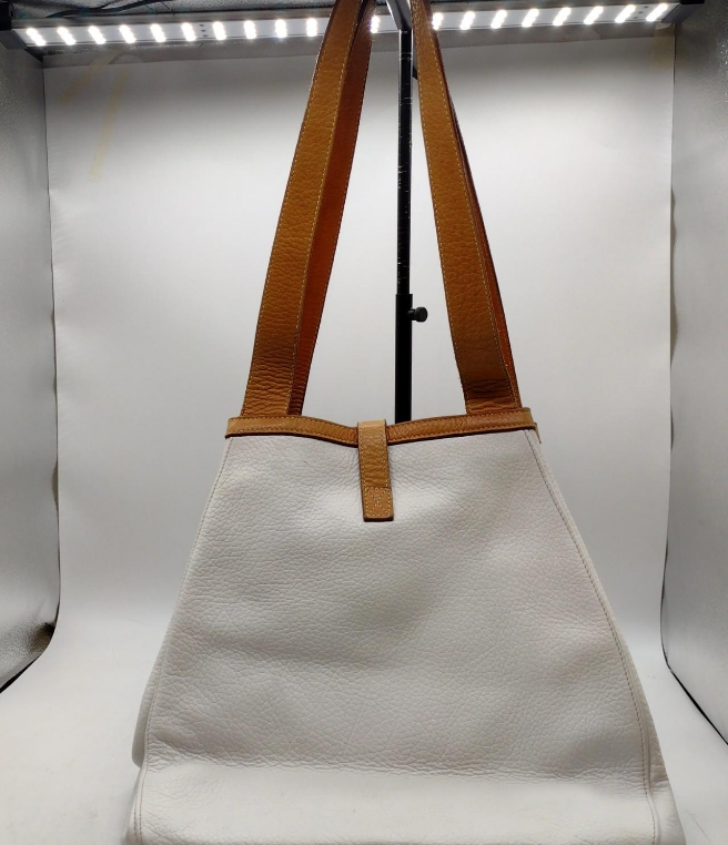 La Tour Eiffel white leather shoulder bag with tan trim and buckle, view 6