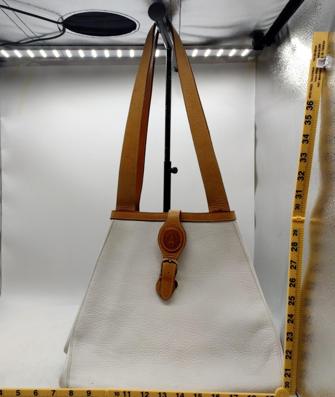 La Tour Eiffel white leather shoulder bag with tan trim and buckle, view 2