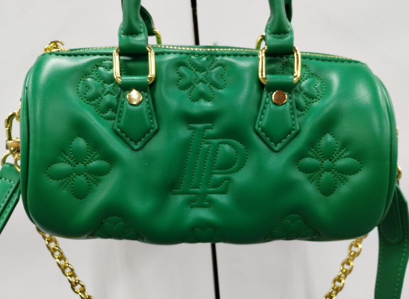 Emerald green embossed mini satchel with gold-tone hardware and chain accents, view 5