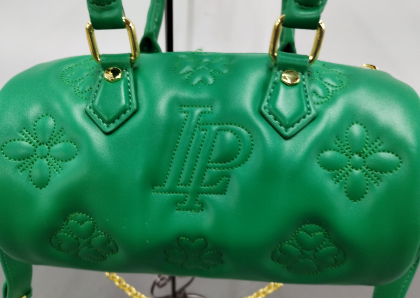Emerald green embossed mini satchel with gold-tone hardware and chain accents, view 6