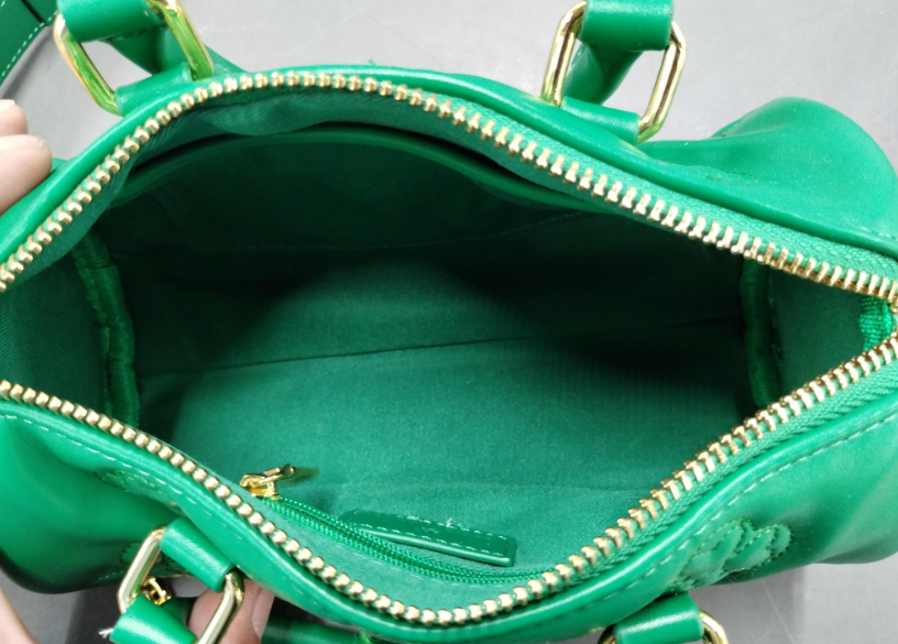 Emerald green embossed mini satchel with gold-tone hardware and chain accents, view 3