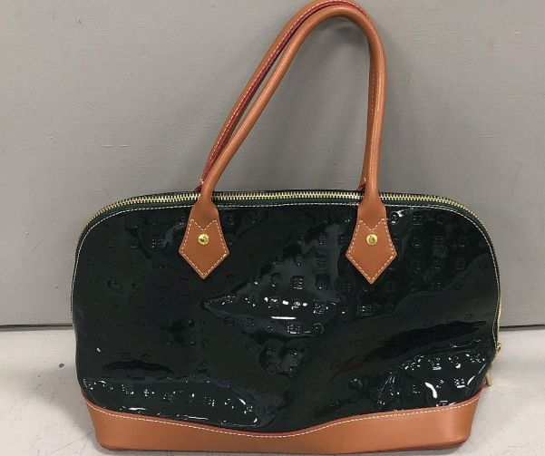 Dark green patent leather dome satchel with embossed pattern and brown leather trim, view 7