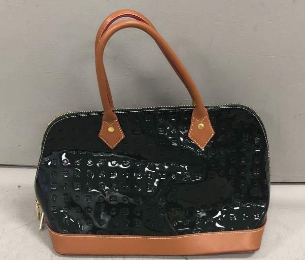 Dark green patent leather dome satchel with embossed pattern and brown leather trim, view 2