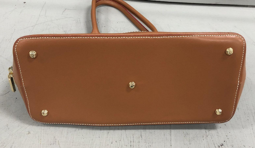 Dark green patent leather dome satchel with embossed pattern and brown leather trim, view 3