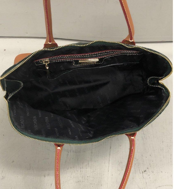 Arcadia Dark Green Patent Leather Embossed Satchel with Brown Trim