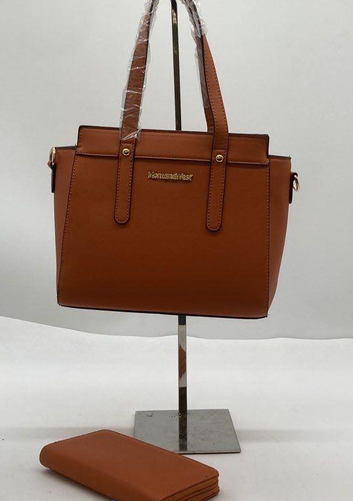 Montana West cognac orange structured tote with matching zip wallet, view 2
