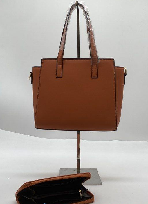 Montana West cognac orange structured tote with matching zip wallet, view 3